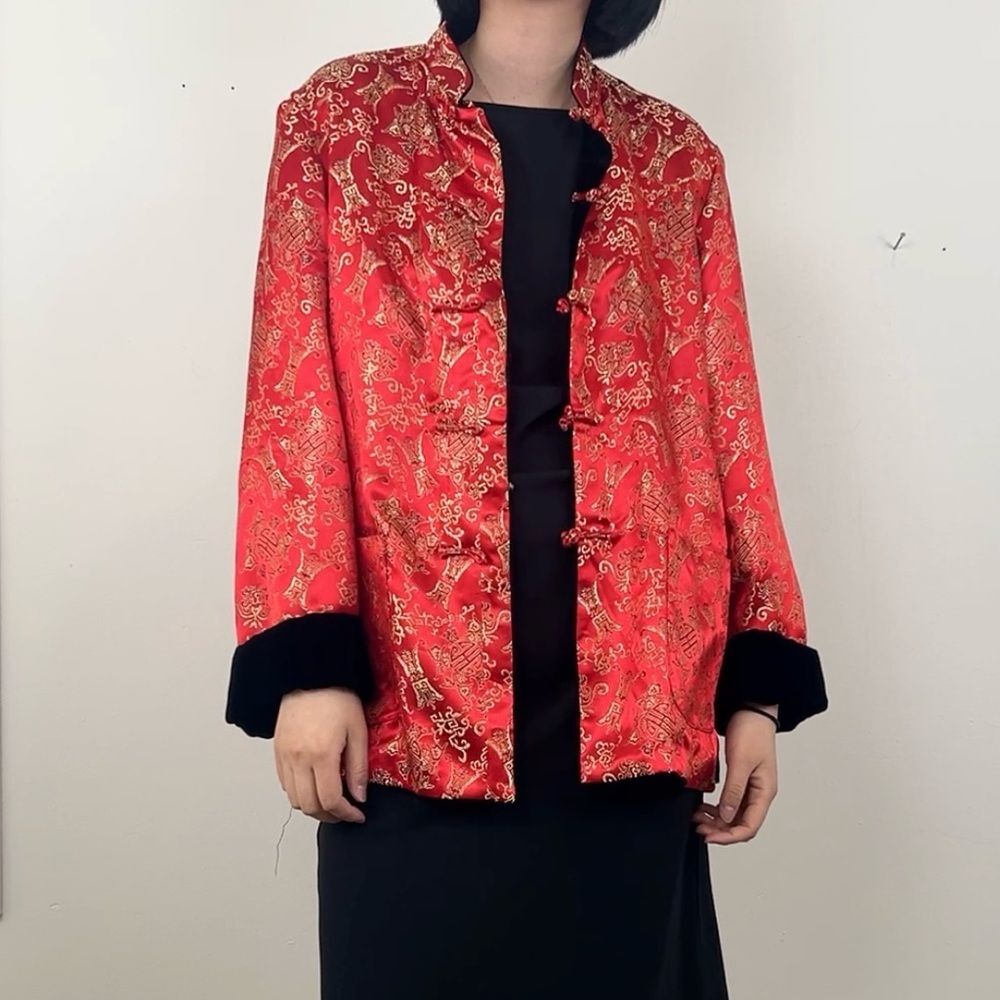 Vintage Red and Black Reversible Satin and Velvet Embroidered Asian Jacket